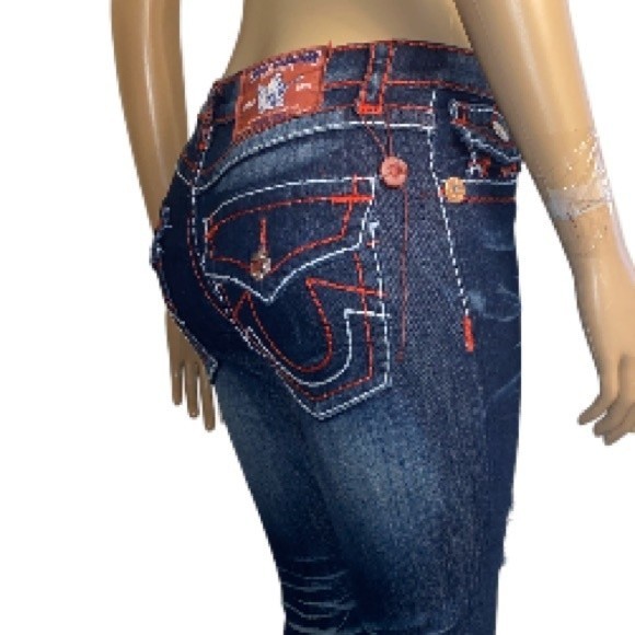 Y2K True religion Jeans Urban Cow Bill Big T Distress Skinny green Blue Size 28 - Picture 10 of 16